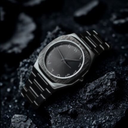 Arabic Aura Watch – Luxury Islamic analog wristwatch with Arabic numerals and stainless steel strap.
