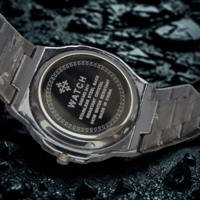 Back view of PP Smooth Bezel Date Watch showing stainless steel case and precision finish