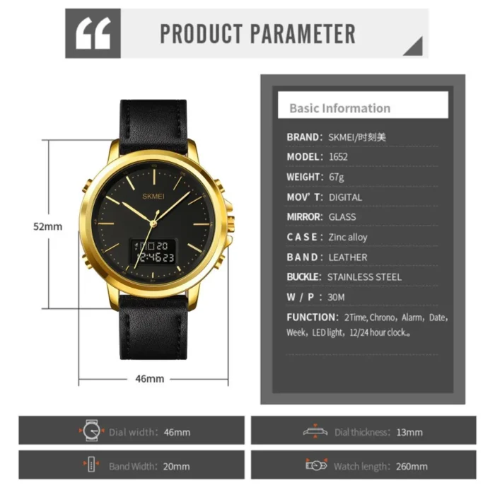 SKMEI 1652 Leather Multifunctional Waterproof Digital Watch for Men – Dual Time LED DisplayFeatures