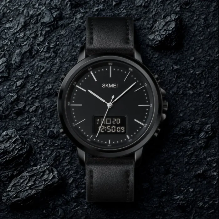 SKMEI 1652 Leather Multifunctional Waterproof Digital Watch for Men in Black – Dual Time LED Display