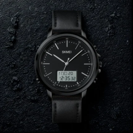 SKMEI 1652 Leather Multifunctional Waterproof Digital Watch for Men in Black – Dual Time LED Display