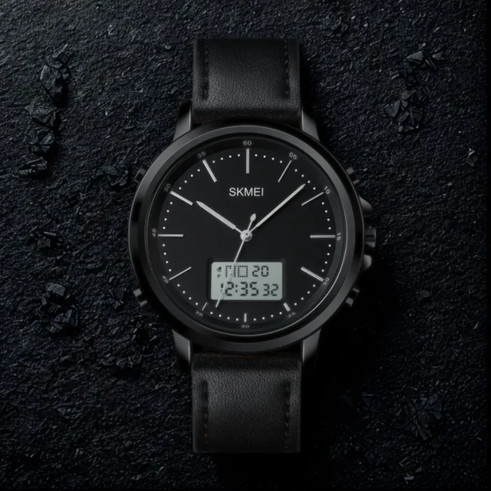 SKMEI 1652 Leather Multifunctional Waterproof Digital Watch for Men in Black – Dual Time LED Display