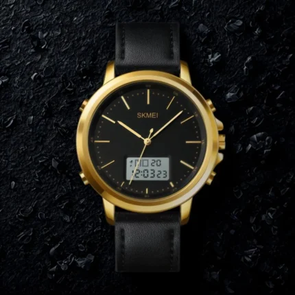 SKMEI 1652 Leather Multifunctional Waterproof Digital Watch for Men in Golden – Dual Time LED Display