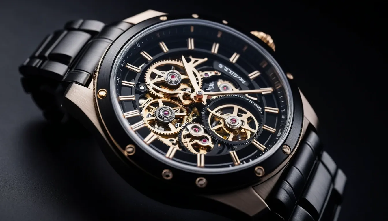 A high-end modern skeleton watch showing exposed gears, placed on a matte black surface with soft spotlighting. Elegant, futuristic, premium look.