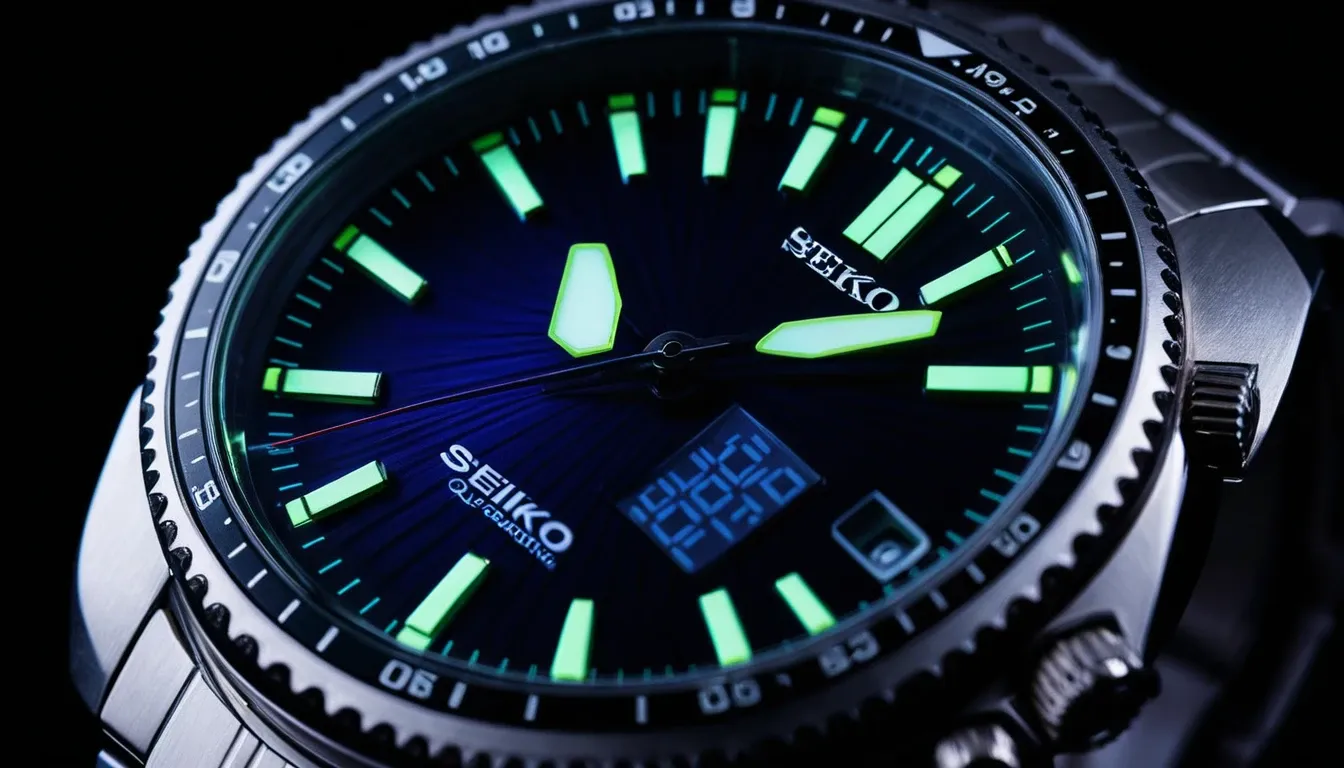 A close-up shot of a Seiko quartz watch with a futuristic dial and neon reflections. Dark, modern background emphasizing its technological innovation.
