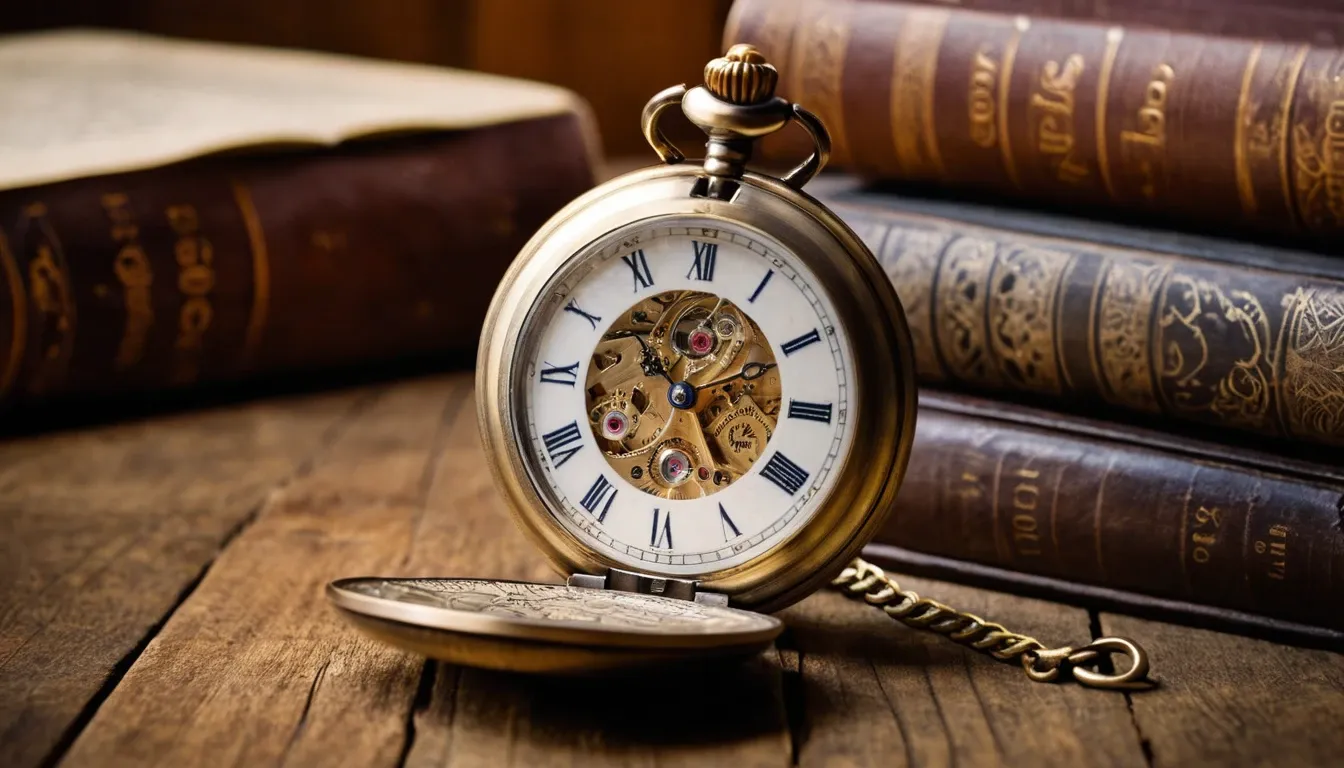 A beautifully detailed 1800s mechanical pocket watch placed on an antique wooden table with old books in the background. Warm lighting highlights the engraved details."