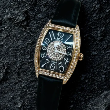 AAA Quality Luxury Ladies Crystal-Studded Watch – Leather Strap & Elegant Shine- Black