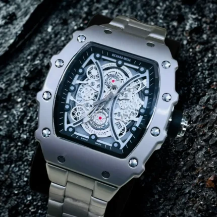 AAA silver Richard style skeleton automatic watch black dial