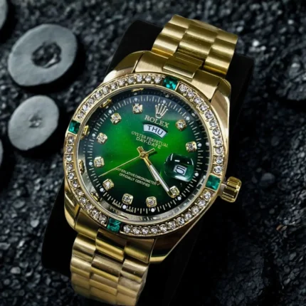 Gold Watch with Green Sunburst Dial and Crystal Bezel