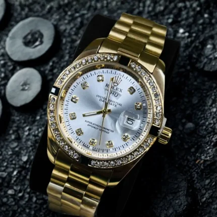 Gold Watch with White Dial and Crystal Bezel