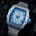 Luxury inspired silver stainless steel tonneau watch blue dial