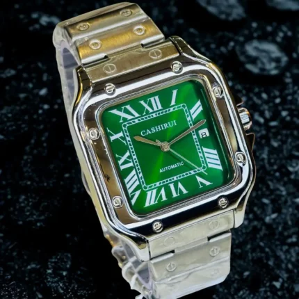 Men’s Luxury Silver-Green Tank Watch with Self-Winding Movement