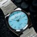 Men’s stainless-steel wristwatch with ice blue sunray dial