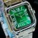 Premium Silver-Green Tank Watch with Glass-Back Design