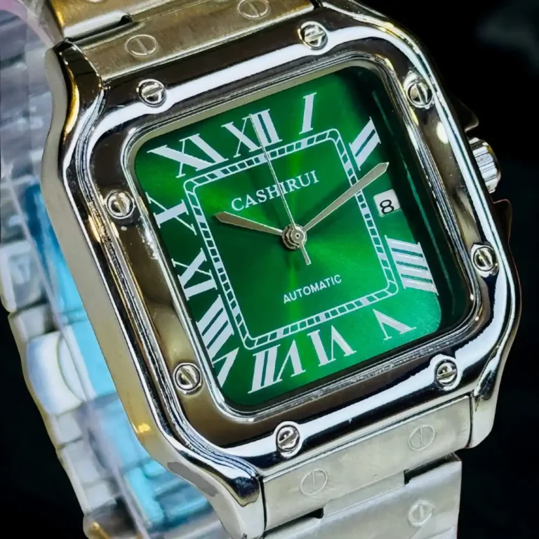 Premium Silver-Green Tank Watch with Glass-Back Design