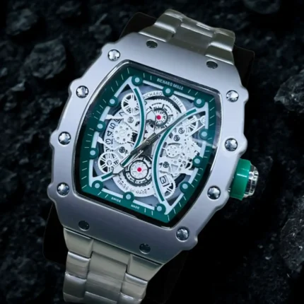 Richard style silver mechanical skeleton watch green dial edition