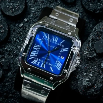 Silver-Blue Automatic Tank Watch for Men with Stainless Steel Strap
