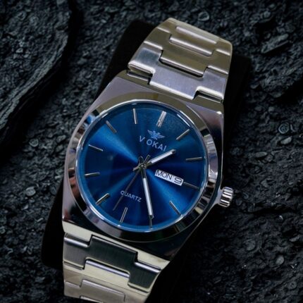 Silver PRX style watch with deep blue dial