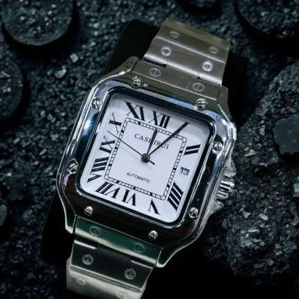 Silver-White Automatic Tank Watch for Men with Stainless Steel Strap
