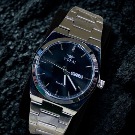 Silver stainless-steel PRX watch with black dial