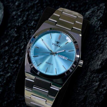 Silver stainless-steel PRX watch with light blue ice-blue dial