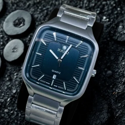 Square dial watch with textured dial and line markers