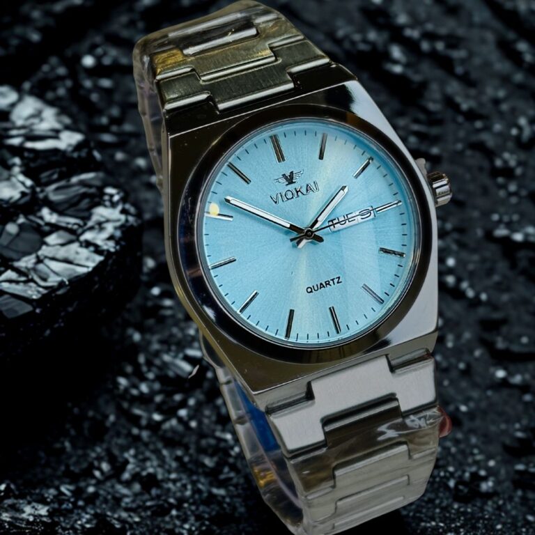 Viokai PRX silver watch featuring ice-blue sunray dial