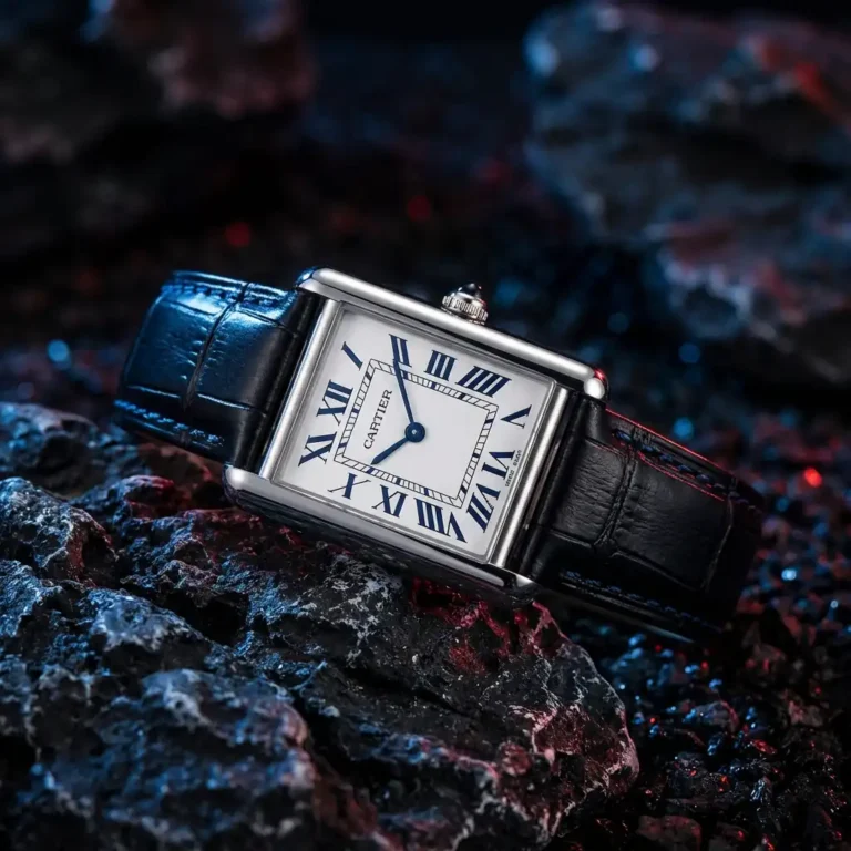 The ChushMato Elegance AAA quality Cartier-inspired rectangular watch with a white dial, blue hands, and a black leather strap.