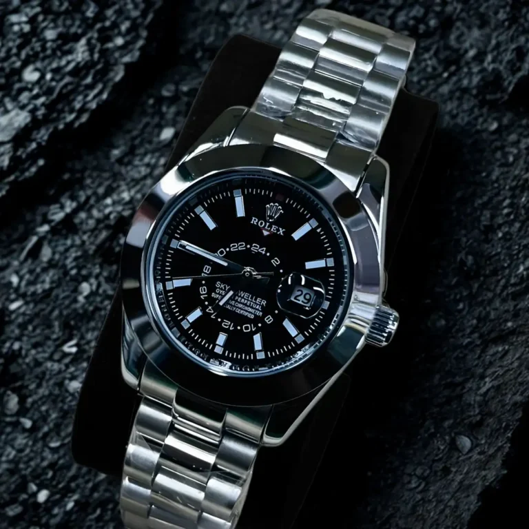 Silver chain ladies dual time zone watch with black dial and annual calendar, elegant everyday travel watch