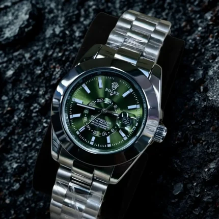 Silver bracelet ladies luxury watch with green dial, dual time display and annual calendar function