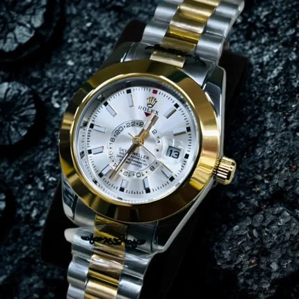 Two tone ladies luxury watch with white dial, dual time display and annual calendar, premium metal chain